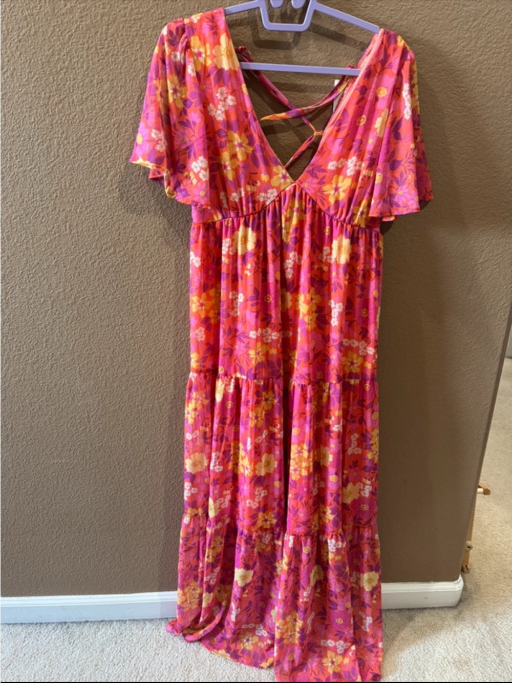 Peach Love California Pink & Yellow Floral Maxi Dress with Crisscross Back